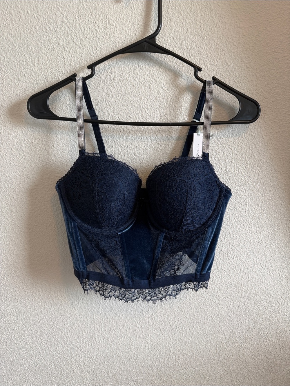 Victoria's Secret Navy Lace Longline Bustier with Rhinestone Straps